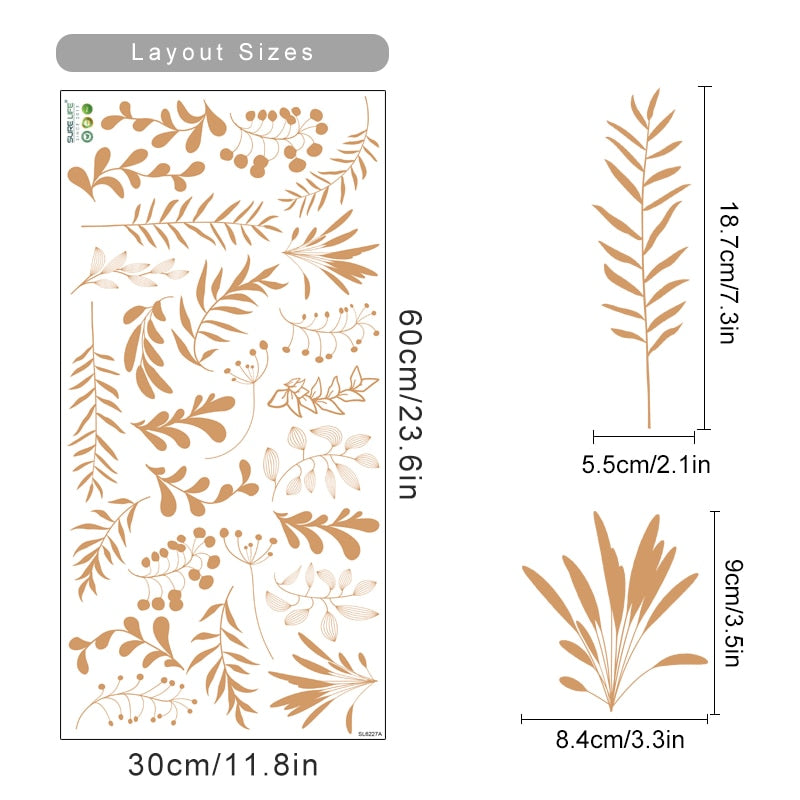 Bohemian Leaf Sprigs Wall Decals Removable PVC Vinyl Wall Stickers For Living Room Dining Room Bedroom Creative DIY Home Decor