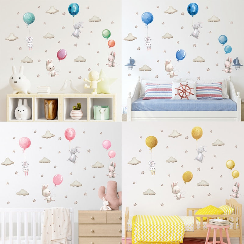 Balloon Bunnies Cute Pink Wall Decals Removable Vinyl PVC Wall Stickers For Baby Girl's Room Nursery Wall Decoration Creative DIY Home Decor