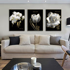 White Golden Flowers Floral Chic Botanical Wall Art Fine Art Canvas Prints Pictures For Luxury Living Room Bedroom Salon Wall Decoration
