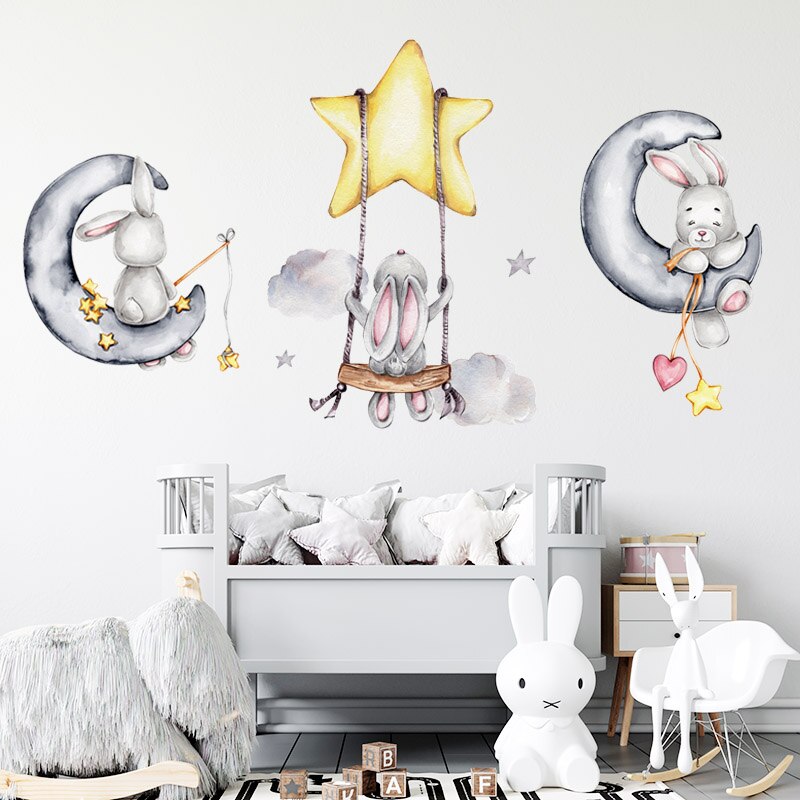 Star Swing Bunny Balloon Wall Decals Removable PVC Vinyl Wall Stickers For Children's Room Nursery Decor Creative DIY Kid's Room Wall Decoration