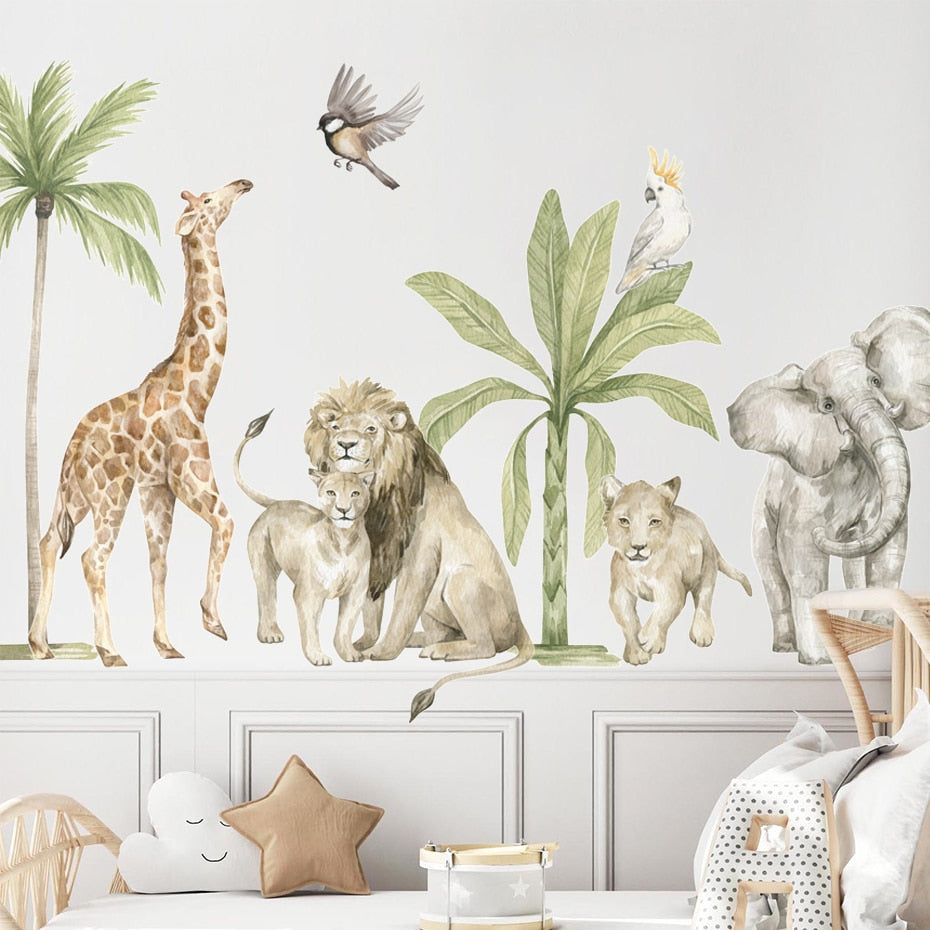 Big Safari Scene Tropical Animals Nursery Wall Mural Removable Vinyl PVC Wall Decals Stickers For Kid's Room Wall Decor Creative DIY Decor