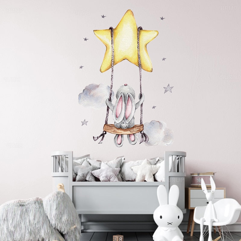 Star Swing Bunny Balloon Wall Decals Removable PVC Vinyl Wall Stickers For Children's Room Nursery Decor Creative DIY Kid's Room Wall Decoration
