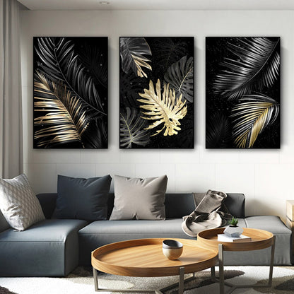 Black Golden Tropical Leaves Wall Art Fine Art Canvas Prints Modern Exotic Botanical Fashion Pictures For Living Room Dining Room Home Office Decor