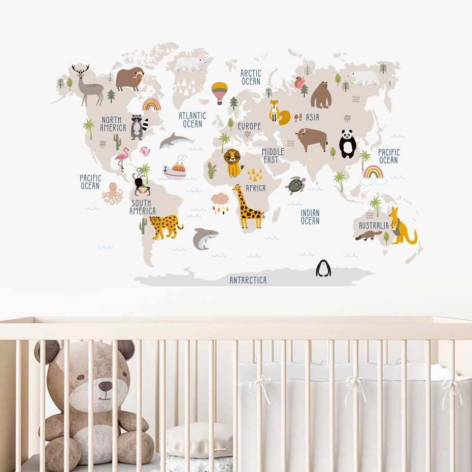 Cartoon Map Of World Animals Wall Mural PVC Removable Vinyl Wall Decal For Kid's Room Nursery Playroom Children's Bedroom Creative DIY Decor