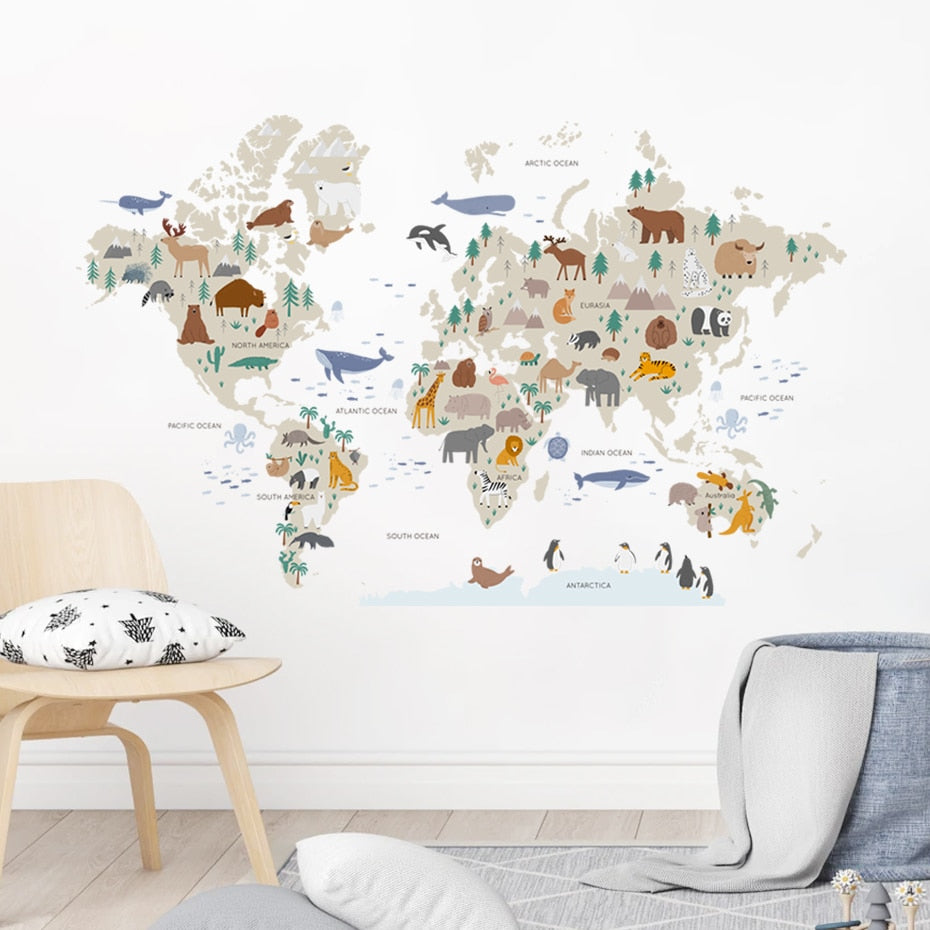  Big Map Of The Animal World Vinyl Wall Mural Removable PVC Wall Sticker Decal For Children's Nursery Kid's Playroom DIY Kindergarten Wall Decor