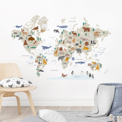 BS-115 Large Animal Landmarks World Map Wall Decals Educational Stickers  for Kids Nursery Bedroom Living Room Classroom Peel Stick Removable Poster