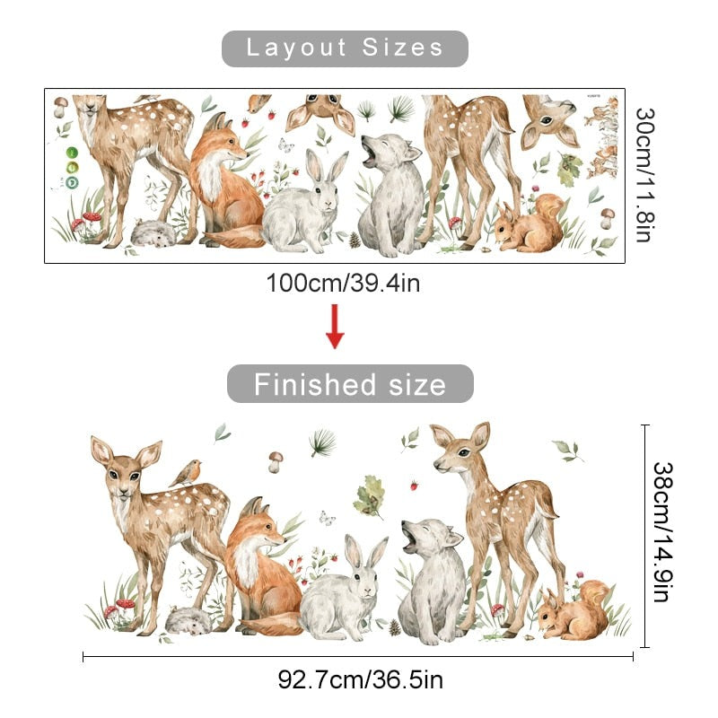 Watercolor Woodland Animals Wall Decals Removable PVC Vinyl Wall Stickers Mural For Nursery Room Baby's Room Creative DIY Home Decor