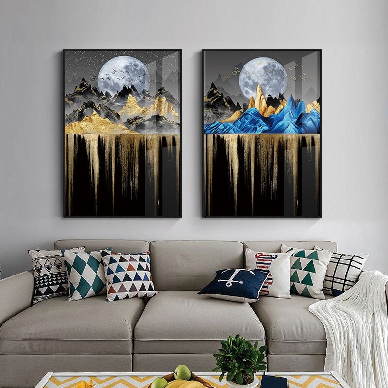 Abstract Auspicious Golden Tree Moon Landscape Wall Art Fine Art Canvas Prints Modern Pictures For Luxury Living Room Dining Room Art Decoration