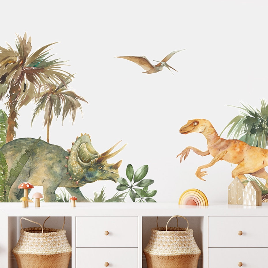 Cartoon Triceratops Dinosaur Scene Nursery Wall Mural PVC Removable Vinyl Wall Decals For Kid's Room Playroom Classroom Creative DIY Wall Decor