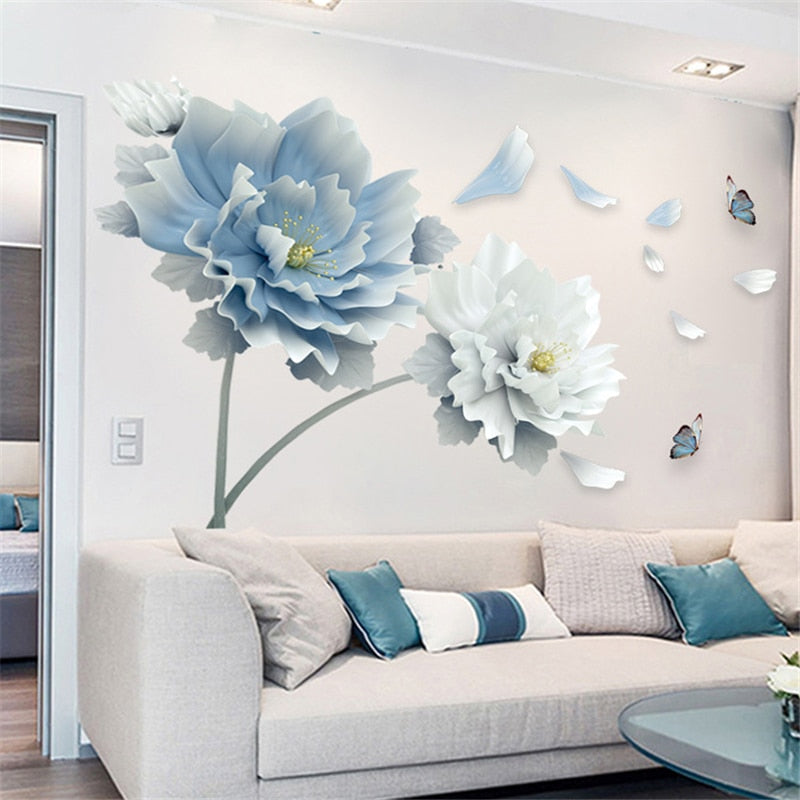 Big Blue Floral Butterflies Vinyl Wall Decal Removable PVC Wall Sticker Mural For Living Room Bedroom Kitchen Wall Decor Creative Home DIY Wall Decoration
