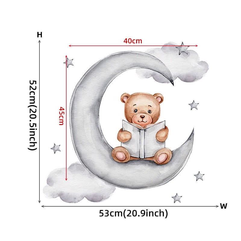 Cute Moon Snooze Teddybear PVC Wall Decals Removable Vinyl Wall Stickers For Nursery Decor Kid's Room Baby's Room Creative DIY Wall Decor