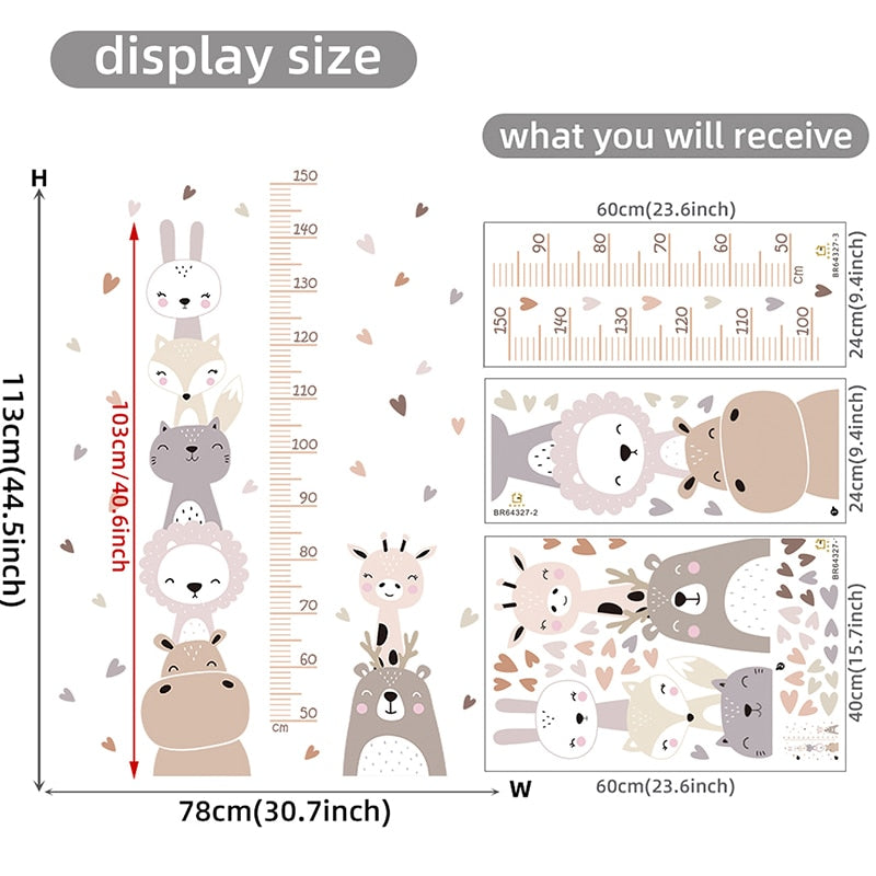 Kid's Room Height Measurement Ruler Wall Mural Cute Cartoon Woodland Animals PVC Vinyl Wall Decal Creative DIY Nursery Room Wall Decor
