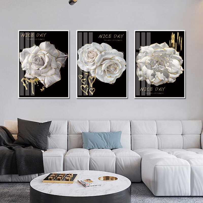 White Golden Flowers Floral Chic Botanical Wall Art Fine Art Canvas Prints Pictures For Luxury Living Room Bedroom Salon Wall Decoration