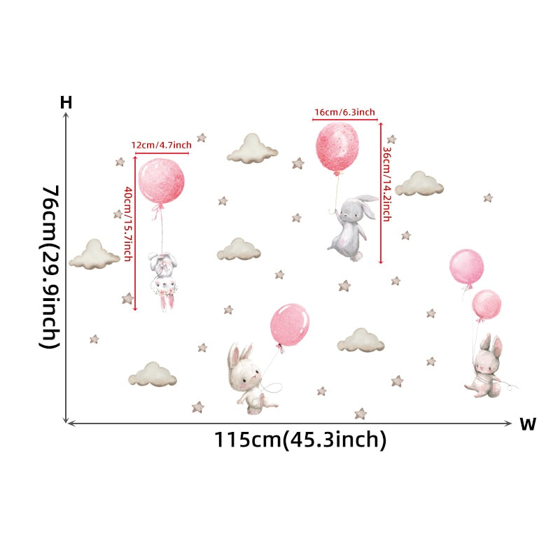 Pink Balloon Cloud Bunnies Vinyl Wall Decals Removable PVC Stickers For Nursery Room Decor Kindergarten Creative DIY Home Children's Room Decor