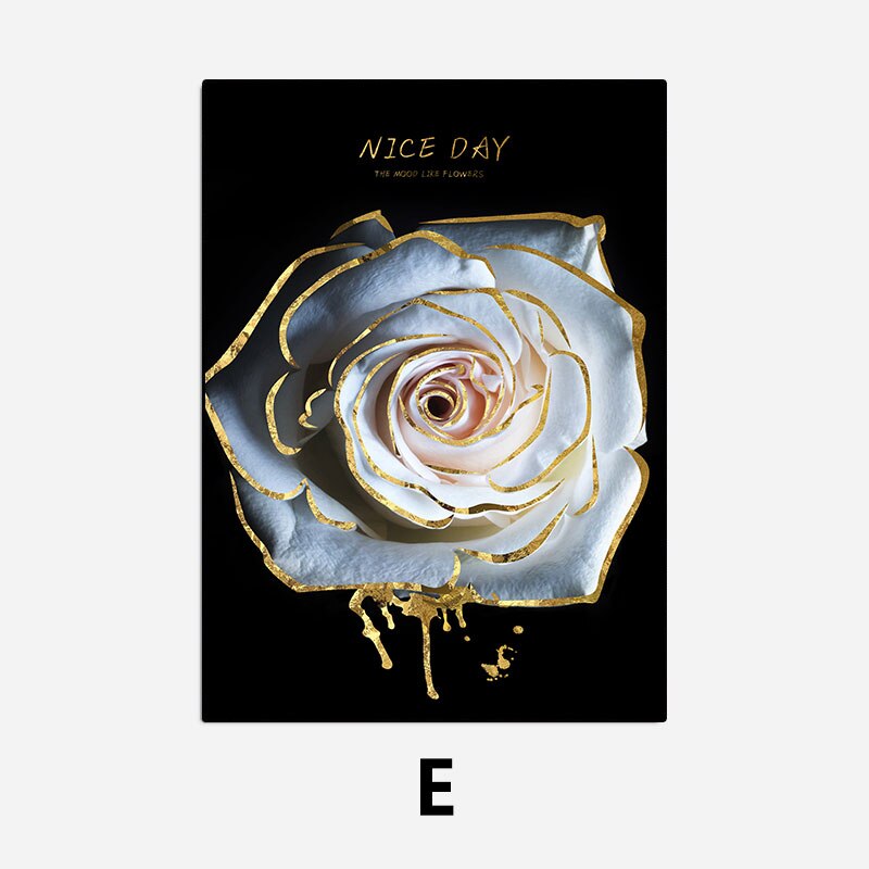 White Golden Flowers Floral Chic Botanical Wall Art Fine Art Canvas Prints Pictures For Luxury Living Room Bedroom Salon Wall Decoration