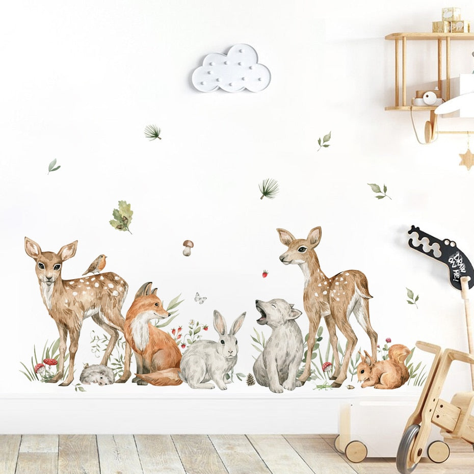 Watercolor Woodland Animals Wall Decals Removable PVC Vinyl Wall Stickers Mural For Nursery Room Baby's Room Creative DIY Home Decor