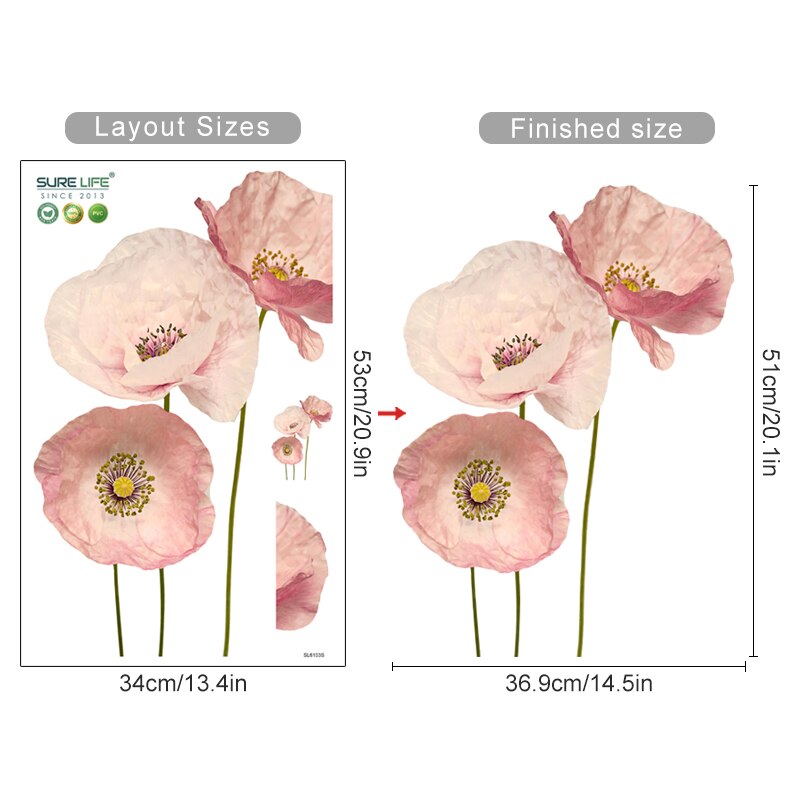 Big Pink Poppies Watercolor Floral Mural Vinyl Wall Decal Removable PVC Wall Stickers For Living Room Bedroom Creative DIY Nursery Wall Decor