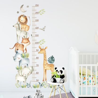 Hippo Elephant Giraffe Cute Animals Kid's Height Measurement Ruler Vinyl Wall Mural Removable PVC Wall Decals For Creative DIY Nursery Decor