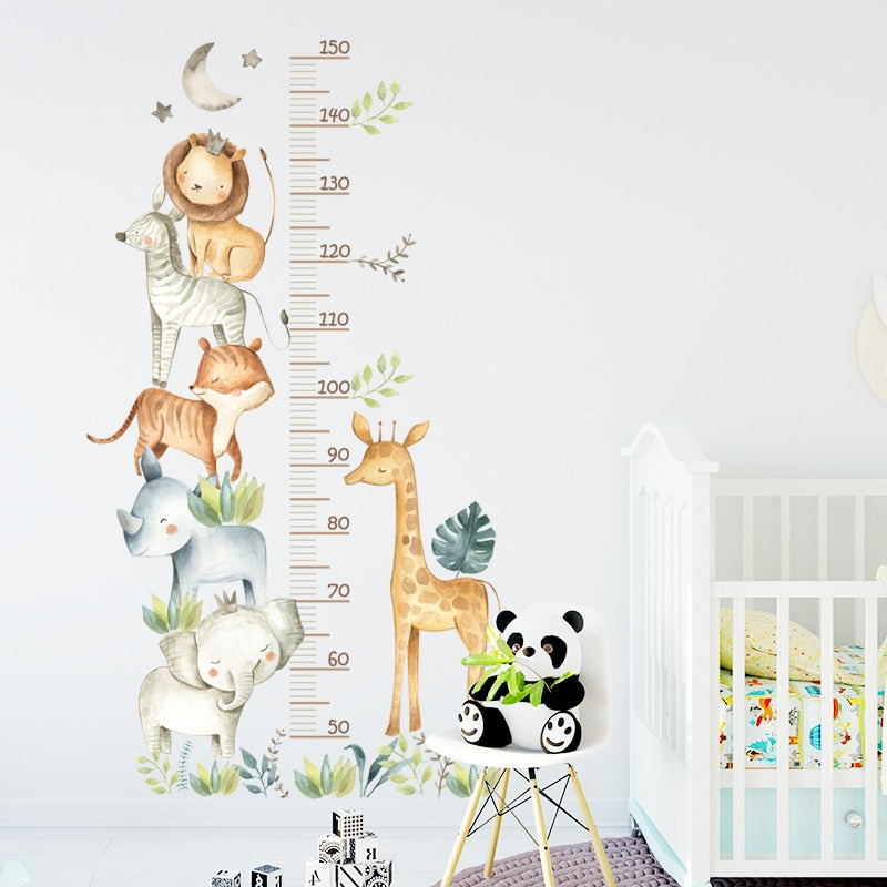 Hippo Elephant Giraffe Cute Animals Kid's Height Measurement Ruler Vinyl Wall Mural Removable PVC Wall Decals For Creative DIY Nursery Decor