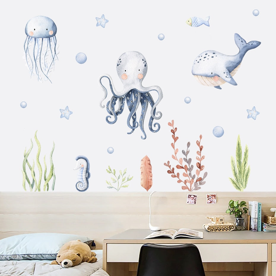 Octopus Diver Narwhal Whale Ocean Animals Vinyl Wall Mural Removable PVC Wall Sticker Decals For Nursery Room Kid's Playroom Wall Decor