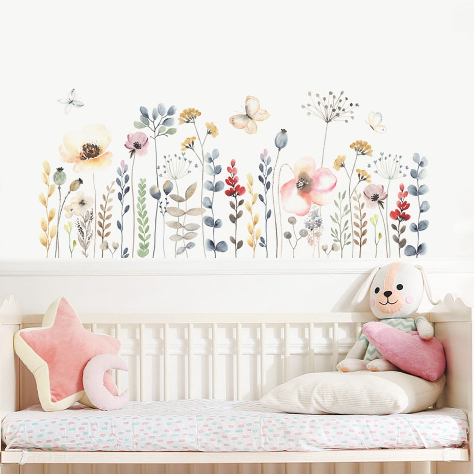  Wild Meadow Watercolor Floral Wall Decals Removable PVC Vinyl Wall Stickers For Bedroom Children's Room Living Room Playroom Creative DIY Home Decor