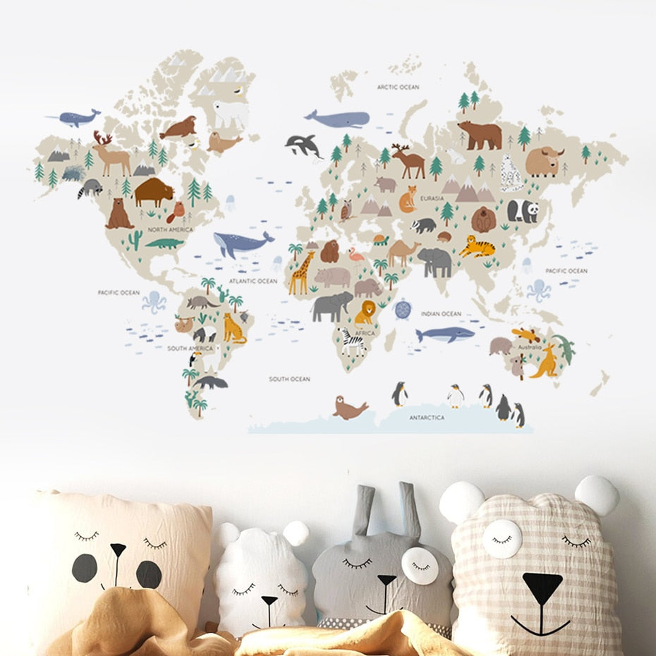  Big Map Of The Animal World Vinyl Wall Mural Removable PVC Wall Sticker Decal For Children's Nursery Kid's Playroom DIY Kindergarten Wall Decor