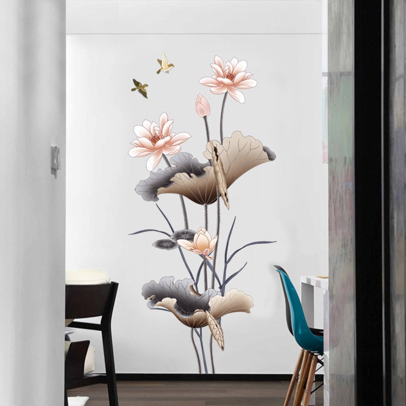 Exotic Flowers Dragonfly Fish Garden Birds PVC Wall Mural Removable Vinyl Wall Sticker Decal For Living Room Kitchen Utility Room Creative DIY Wall Decor