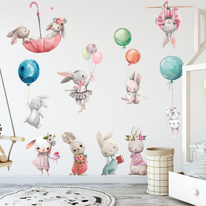 Balloon Bunnies Cute Pink Wall Decals Removable Vinyl PVC Wall Stickers For Baby Girl's Room Nursery Wall Decoration Creative DIY Home Decor