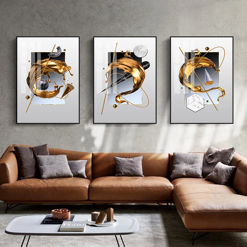 Modern Abstract Golden Splash Wall Art Fine Art Canvas Prints Auspicious Gold Deer Pictures For Luxury Living Room Home Office Art Decor