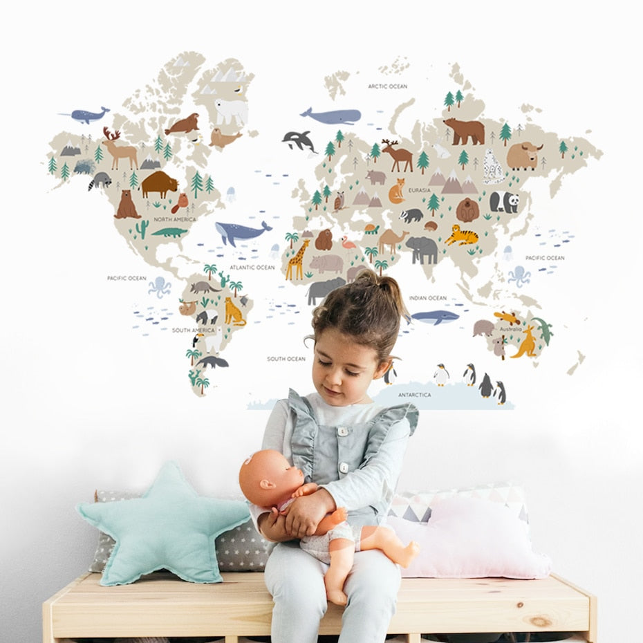  Big Map Of The Animal World Vinyl Wall Mural Removable PVC Wall Sticker Decal For Children's Nursery Kid's Playroom DIY Kindergarten Wall Decor