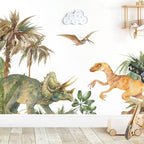 Cartoon Triceratops Dinosaur Scene Nursery Wall Mural PVC Removable Vinyl Wall Decals For Kid's Room Playroom Classroom Creative DIY Wall Decor