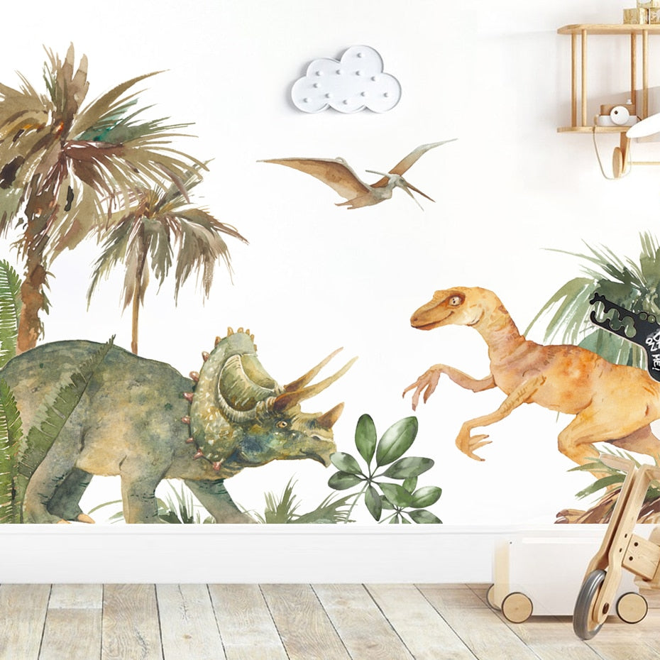 Cartoon Triceratops Dinosaur Scene Nursery Wall Mural PVC Removable Vinyl Wall Decals For Kid's Room Playroom Classroom Creative DIY Wall Decor