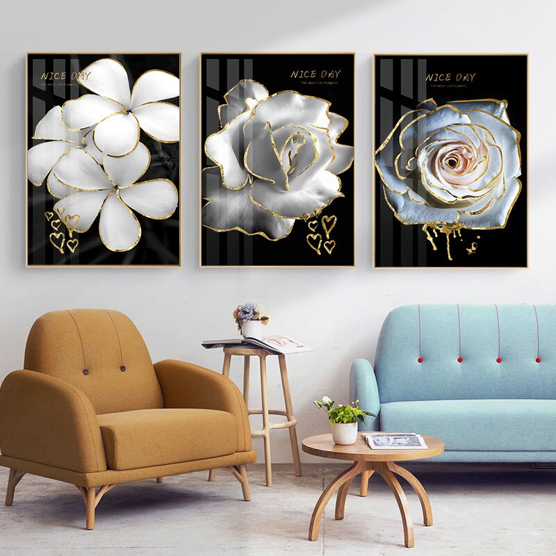 White Golden Flowers Floral Chic Botanical Wall Art Fine Art Canvas Prints Pictures For Luxury Living Room Bedroom Salon Wall Decoration