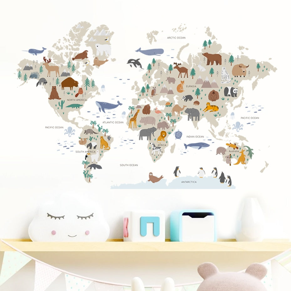  Big Map Of The Animal World Vinyl Wall Mural Removable PVC Wall Sticker Decal For Children's Nursery Kid's Playroom DIY Kindergarten Wall Decor