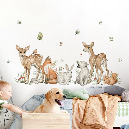 Watercolor Woodland Animals Wall Decals Removable PVC Vinyl Wall Stickers Mural For Nursery Room Baby's Room Creative DIY Home Decor