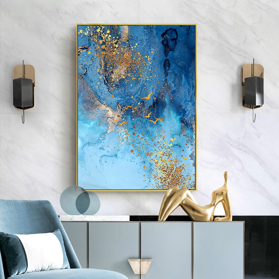Golden Blue Sea Wall Art Fine Art Canvas Print Modern Abstract Marble Design Picture For Office Interior Living Room Luxury Art Decor