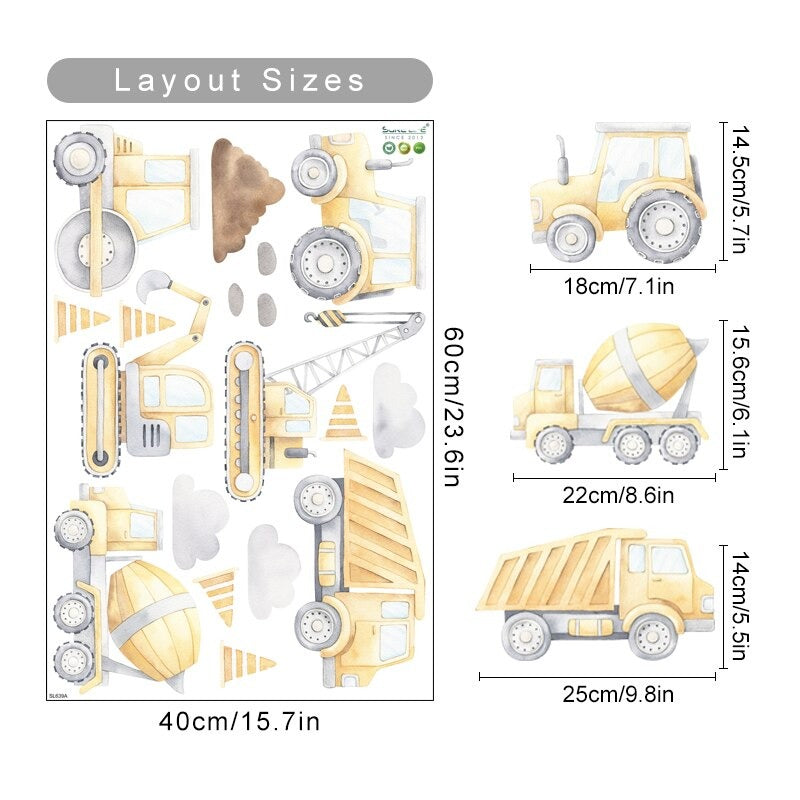 Cartoon Construction Trucks Wall Stickers For Boy's Bedroom Removable PVC Vinyl Wall Decals For Children's Room Kindergarten Playroom DIY Wall Decor