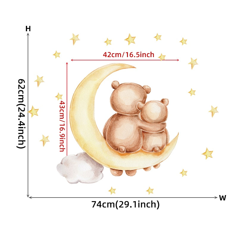 Cute Moon Snooze Teddybear PVC Wall Decals Removable Vinyl Wall Stickers For Nursery Decor Kid's Room Baby's Room Creative DIY Wall Decor