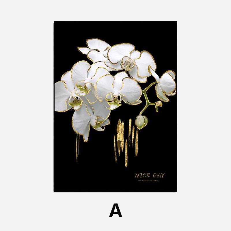 White Golden Flowers Floral Chic Botanical Wall Art Fine Art Canvas Prints Pictures For Luxury Living Room Bedroom Salon Wall Decoration