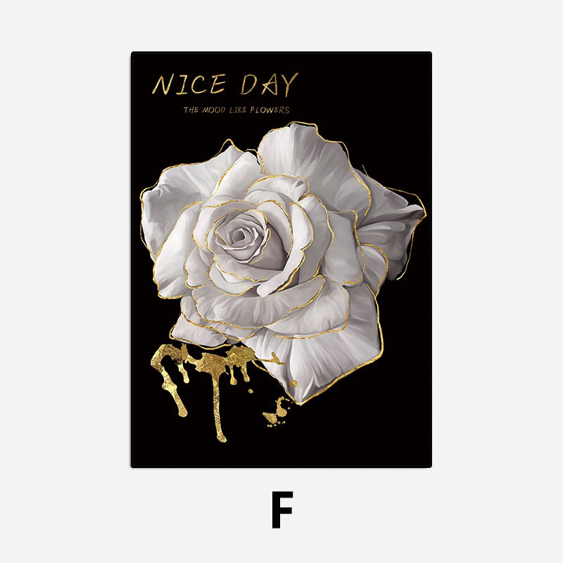 White Golden Flowers Floral Chic Botanical Wall Art Fine Art Canvas Prints Pictures For Luxury Living Room Bedroom Salon Wall Decoration