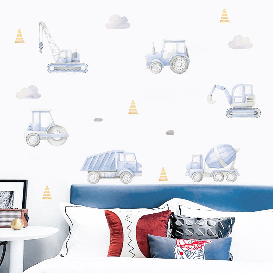 Cartoon Construction Trucks Wall Stickers For Boy's Bedroom Removable PVC Vinyl Wall Decals For Children's Room Kindergarten Playroom DIY Wall Decor