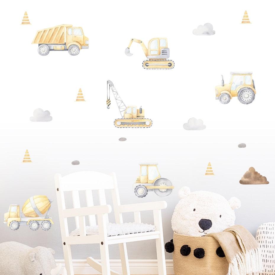 Cartoon Construction Trucks Wall Stickers For Boy's Bedroom Removable PVC Vinyl Wall Decals For Children's Room Kindergarten Playroom DIY Wall Decor