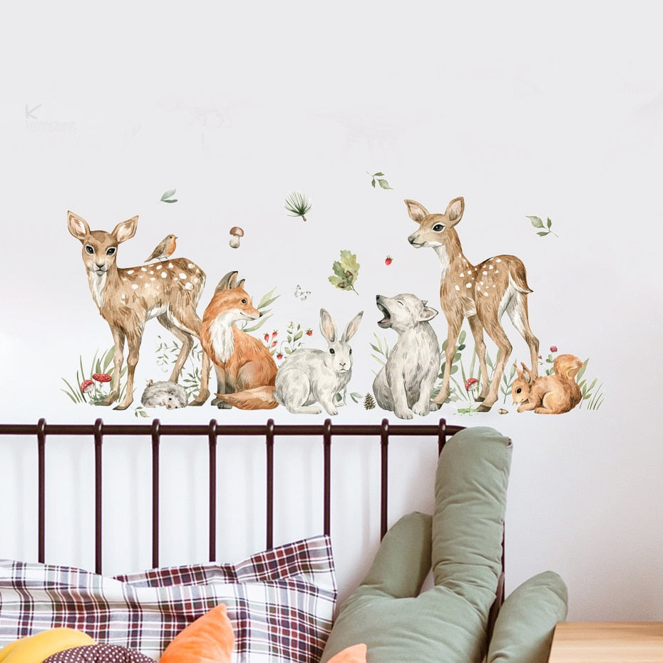 Watercolor Woodland Animals Wall Decals Removable PVC Vinyl Wall Stickers Mural For Nursery Room Baby's Room Creative DIY Home Decor