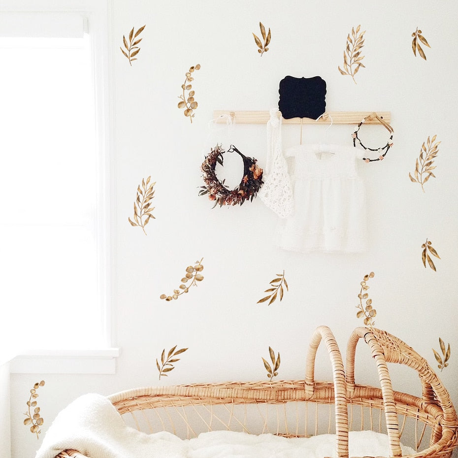 Rustic Leaf Sprig Watercolor Wall Decals Removable PVC Vinyl Wall Stickers For Kitchen Dining Room Simple Creative DIY Home Decor