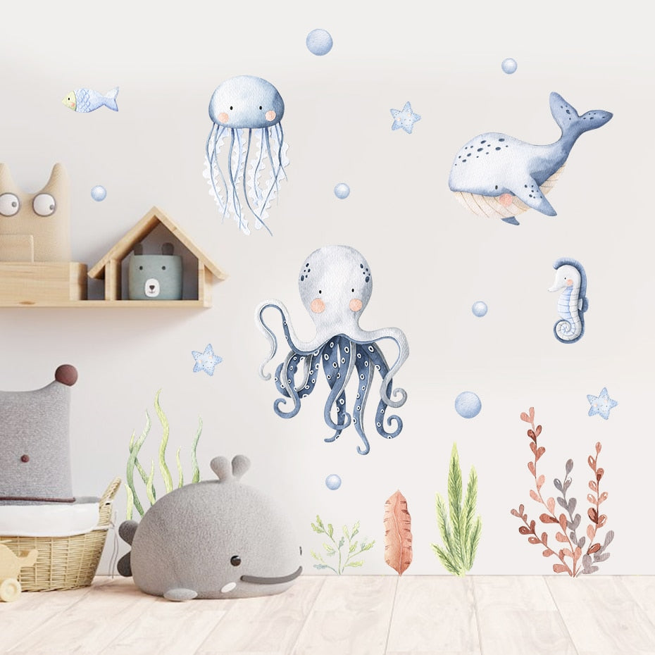 Ocean Animal Whale Fish Wall Decals Kids Stickers Peel Stick Removable  Vinyl Wall Art for Kids Bedroom Nursery Baby Room Classroom YP1089 