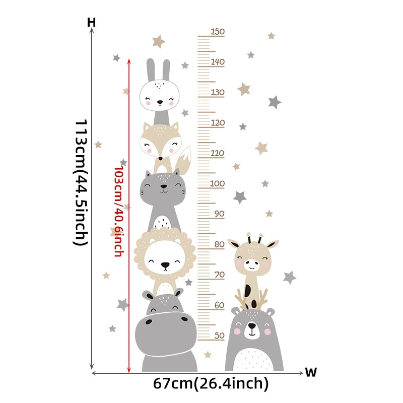 Kid's Room Height Measurement Ruler Wall Mural Cute Cartoon Woodland Animals PVC Vinyl Wall Decal Creative DIY Nursery Room Wall Decor