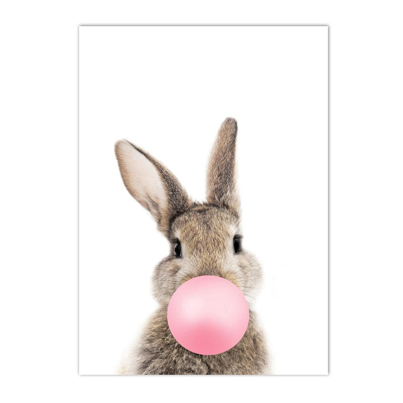 Baby Bunny Pink Bubble Gum Cute Animals Nursery Wall Art Fine Art Canvas Prints Pop Art Rabbit Pictures For Baby's Room Wall Decoration