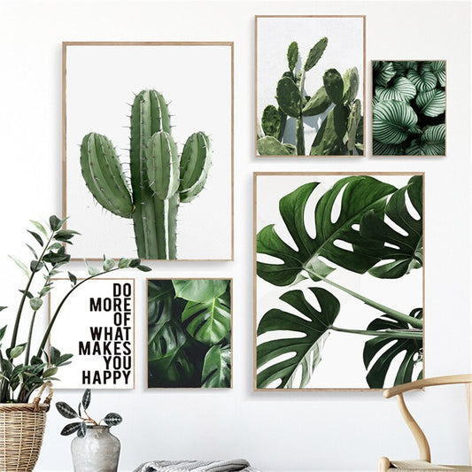 Cactus Monstera Minimalist Green Leaves Wall Art Do What Makes You Happy Poster Inspirational Pictures For Home Office Decor