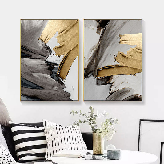 Modern Abstract Gray Golden Paint Daub Wall Art Fine Art Canvas Prints Pictures For Luxury Loft Apartment Living Room Home Office Decor