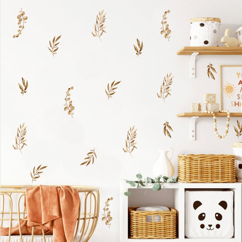 Rustic Leaf Sprig Watercolor Wall Decals Removable PVC Vinyl Wall Stickers For Kitchen Dining Room Simple Creative DIY Home Decor